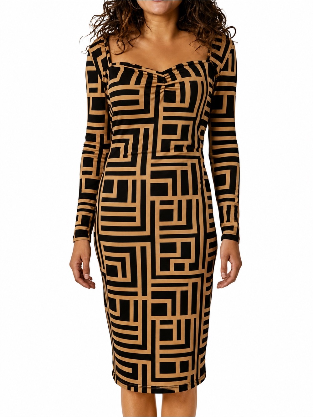 Privé Plus Black Latte Geometric Print Sweetheart Neck Bodycon Dress SHEIN XXL
